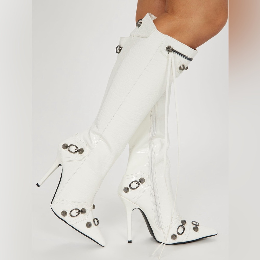 White Knee-High Boots with Silver Accents
